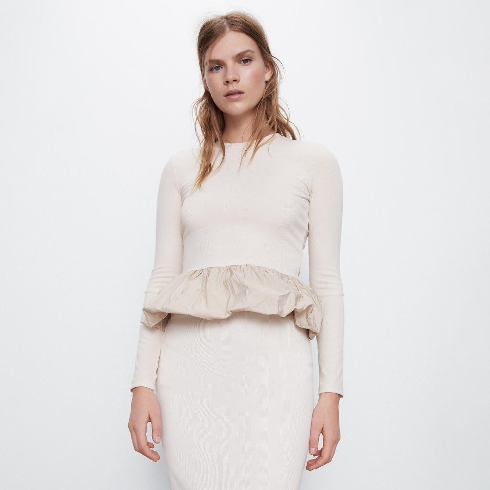 NWT Zara ivory tan nude neutral crewneck ribbed bubble hem long sleeve top